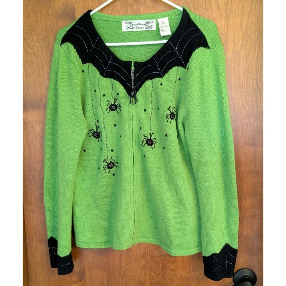 Vtg 90s Heirloom Collection Halloween Green Spider Sweater Cardigan Large Bling